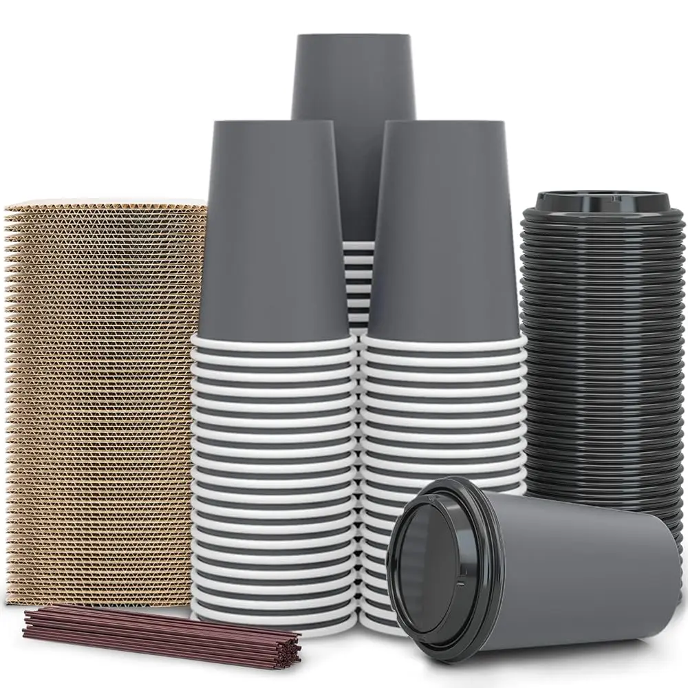 

Упаковка из 100 штук - Одноразовые кофейные стаканы на 12 унций с крышками, чехлами и трубочками, 100% биоразлагаемые и компостируемые, экологически чистые.