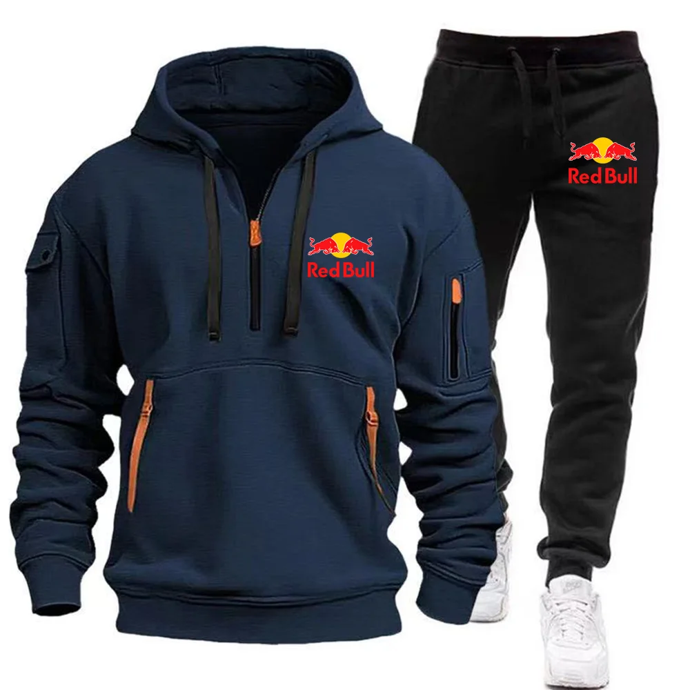 2025 Nuevo Red Bull Tamaño Europeo Otoño/Invierno Conjunto de Sudadera con capucha para hombre Canguro Bolsillo Sudadera con capucha Pantalones deportivos Conjunto de dos piezas