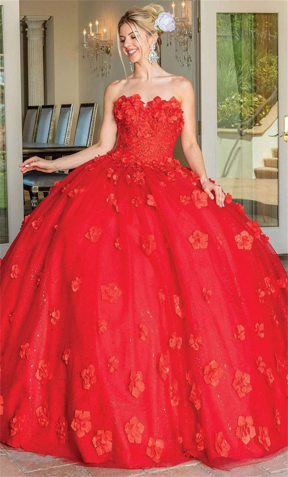 Amanda Gorgeous Ball Gown Prom Dress Red 3D Flower Vestidos De Fiesta Queen Strapless Flower Wedding Dress فساتين سهرة