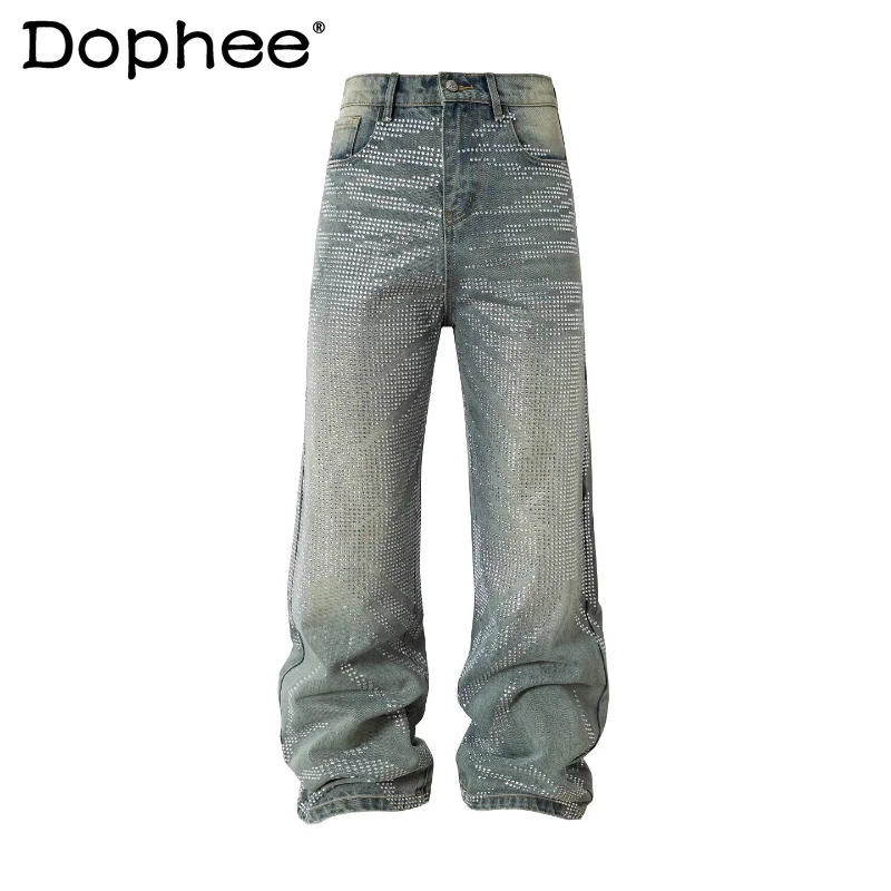

Fashion Hot Diamond Straight Jeans Men 2026 Spring Summer Wide Leg Starry Sky Denim Trousers Male Handsome Sparkling Denim Pants