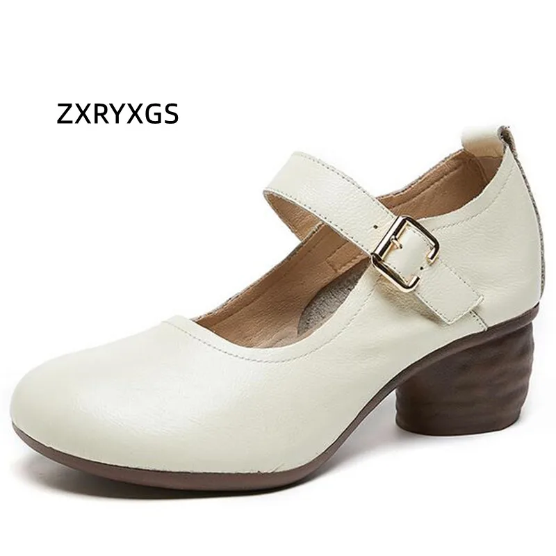 

ZXRYXGS Elegance Fashion Women Shoes Thick Mid Heels 2024 Autumn Comfortable Genuine Leather Shoes Dance Banquet New Shoes Tide