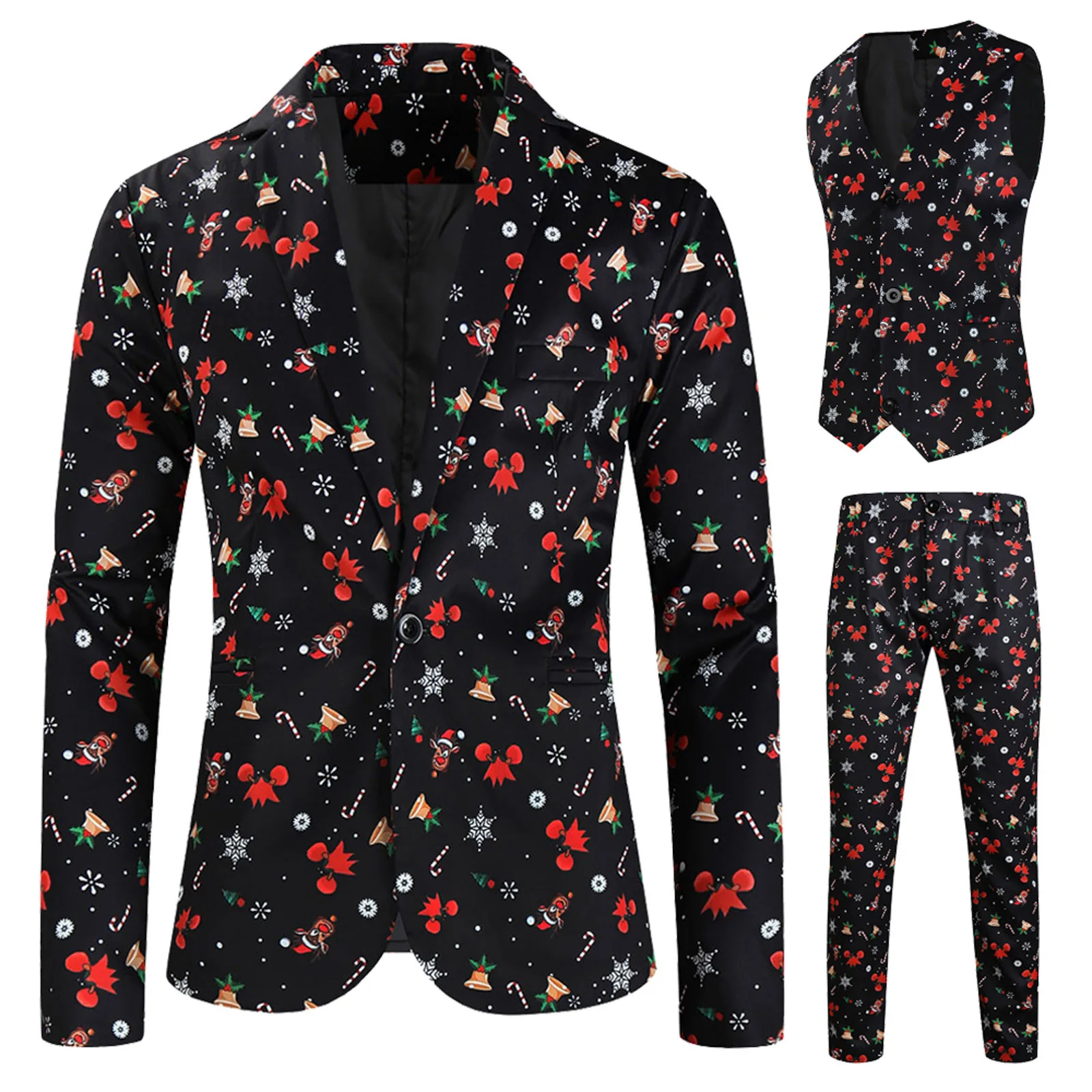 3PC Men\'s Christmas Suit Set Santa Printed Lapel Warm Winter Fashion Button Coat Blazer Casual Loose Jacket Vest Pants