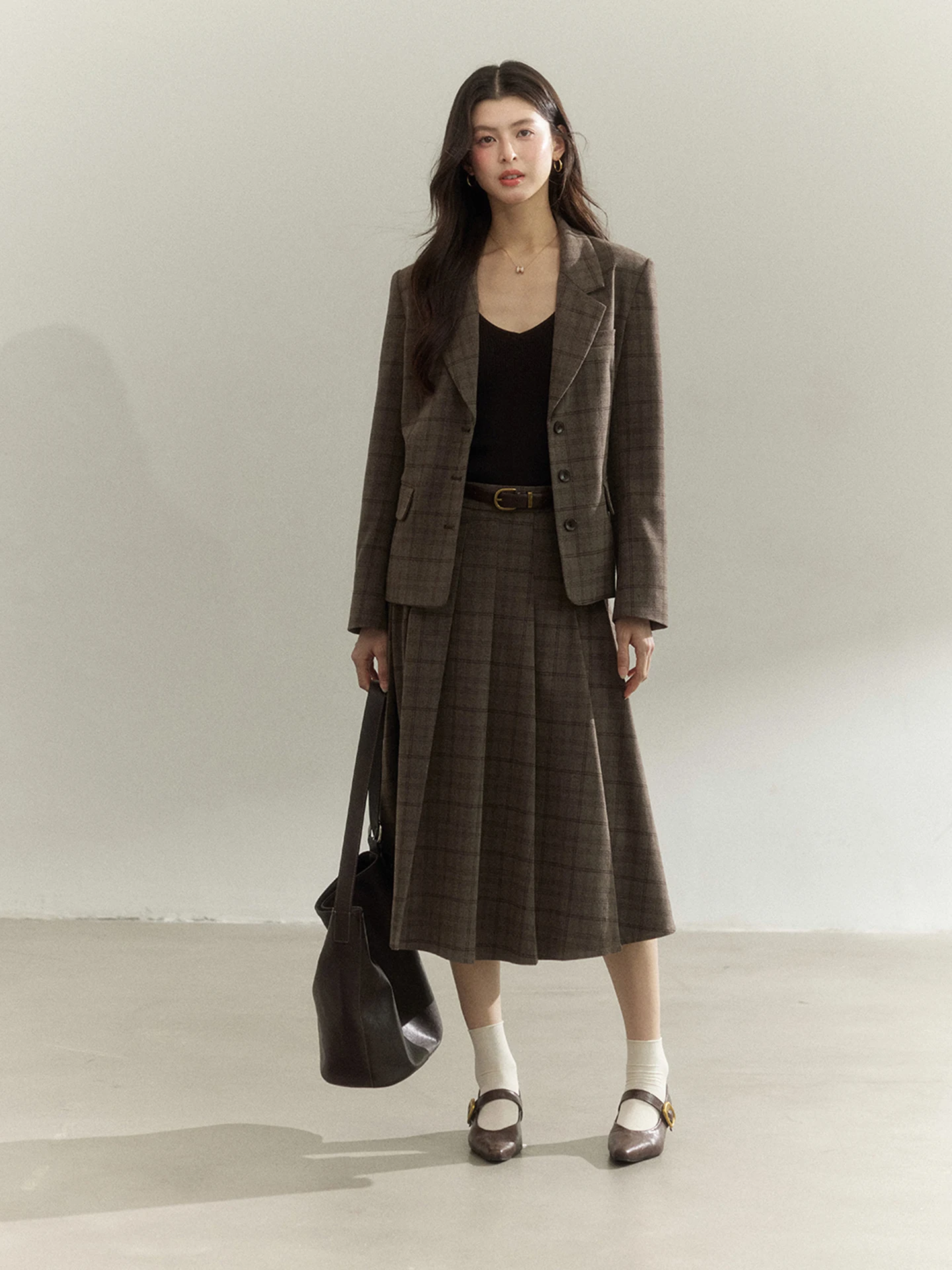 Conjunto Clássico de Terno Xadrez de Alta Qualidade: Casaco e Calça Femininos com Design Retrô para o Dia a Dia e Casual de Negócios