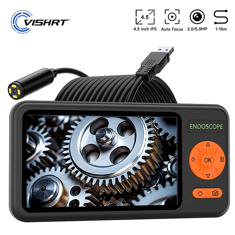 4.5'' IPS Screen Endoscope Camera 2.0MP Split Design USB Connect 1-15m Waterproof Rigid Cable Autofocus 1920P Borescope 2600mAh