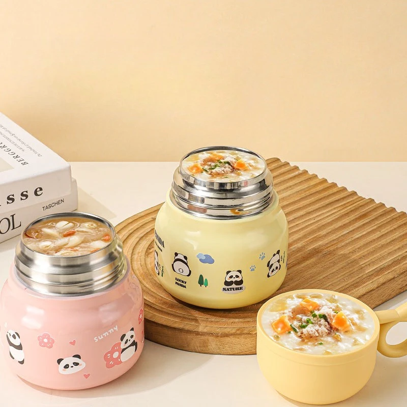 

500 мл креативная мультяшная изолированная бутылка с серебряными ушками, двухслойная стакан для тушения из нержавеющей стали 316, с чашкой, ложкой, милый горшок для тушения