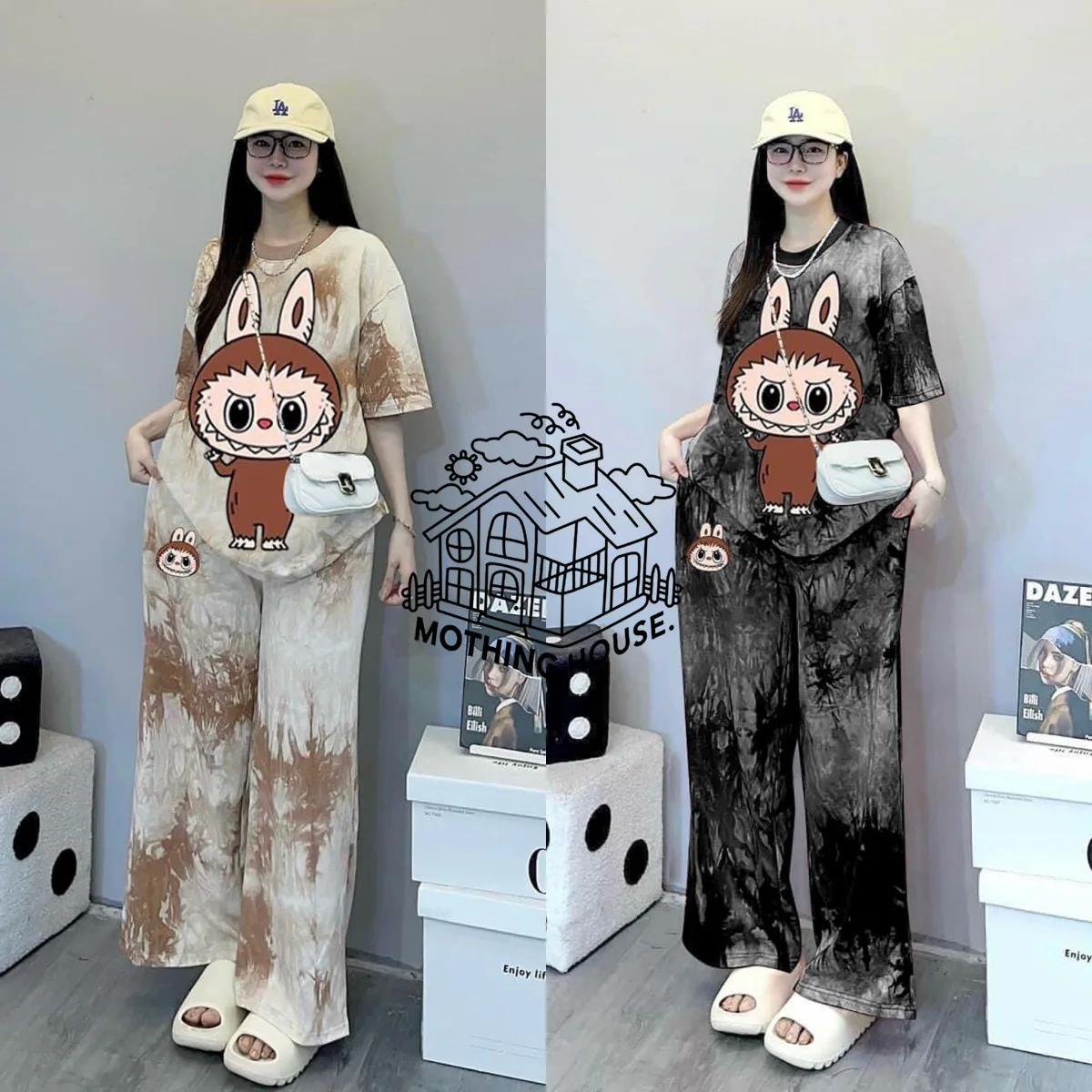 Labubu T-Shirt And Pants Anime Cartoon Print Short Sleeved Shirt Casual Fashion 2pcs Set Kawaii Cute Woman Outdoor Clothing Gift