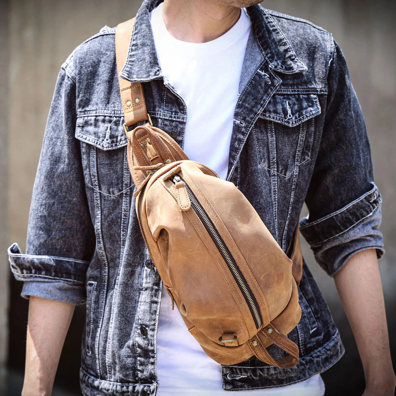 Vintage Echtleder-Umhängetasche für Herren, Vollnarbenleder, Crossbody-Brusttasche, große Kapazität – Detail 2
