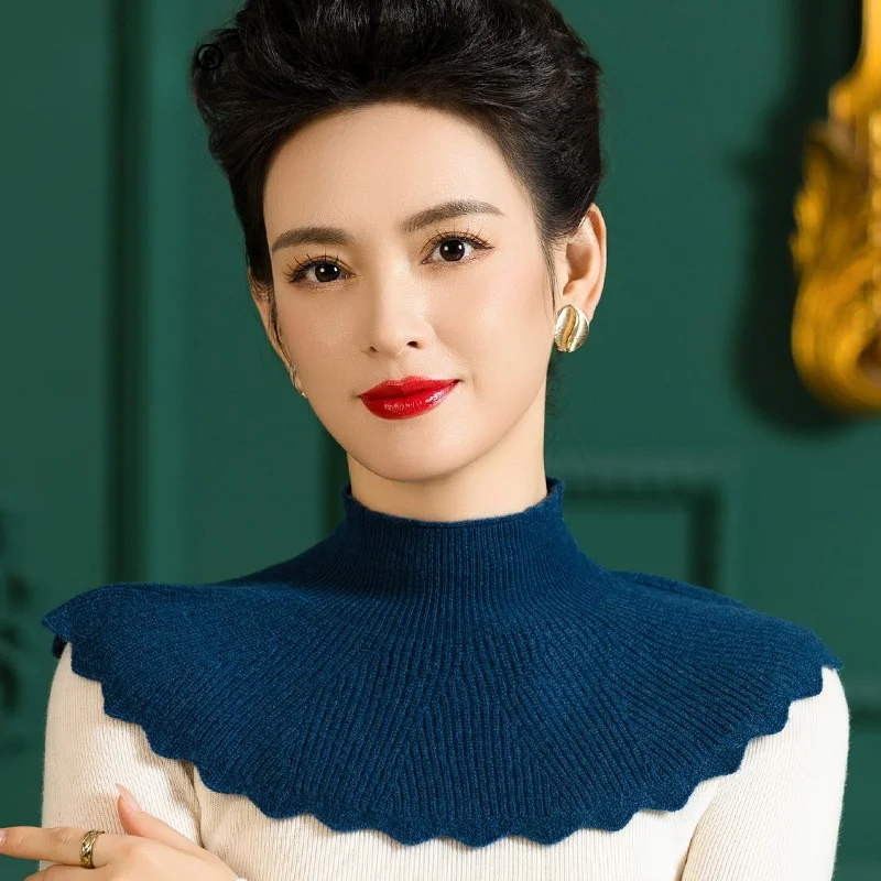 女性用ニットウールネックウォーマー、ハイカラーフェイクカラースカーフ、波模様、カラー、ネックプロテクション、小型アオル