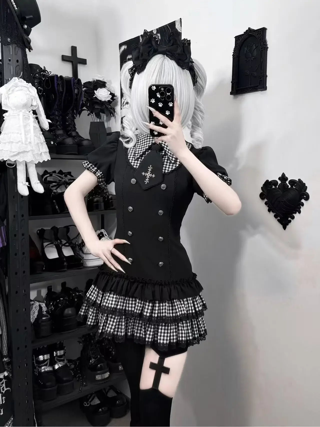 IMU Summer Subculture Gothic Dress Set Japanese Mass-produced Girls Sweet Cool Lolita Short-sleeved Top Shorts Outfit 2-piece Se