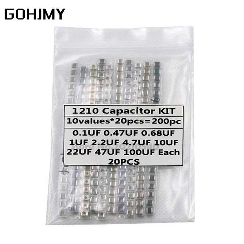 

1210 SMD Capacitor assorted KIT ,10values*20PCS=200PCS 100nF~100uF Samples Kit electronic DIY kit