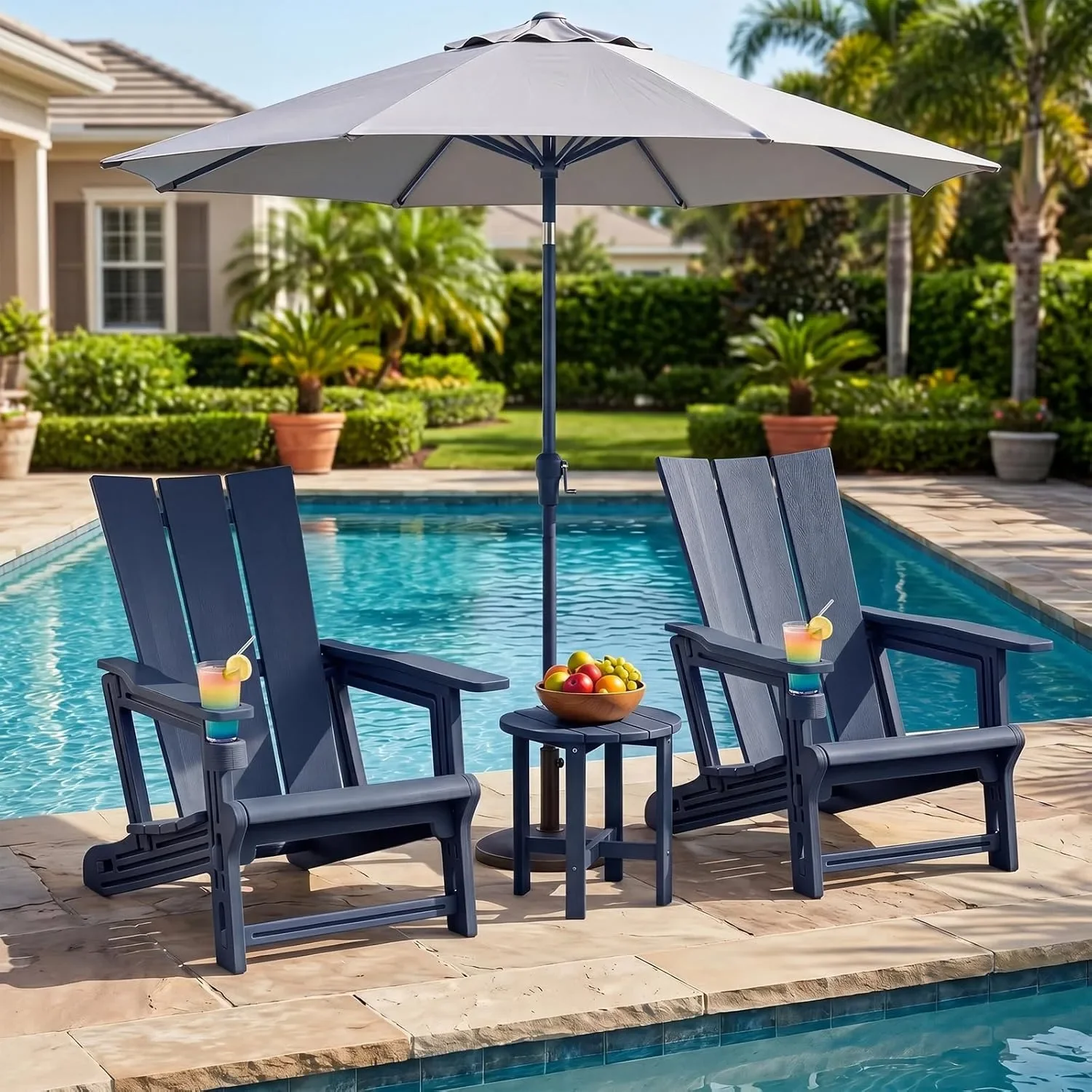 2 Pack Blue All Weather Heavy Duty HDPE Adirondack Patio Chairs With Cup Holder For Fire Pit, Customized
