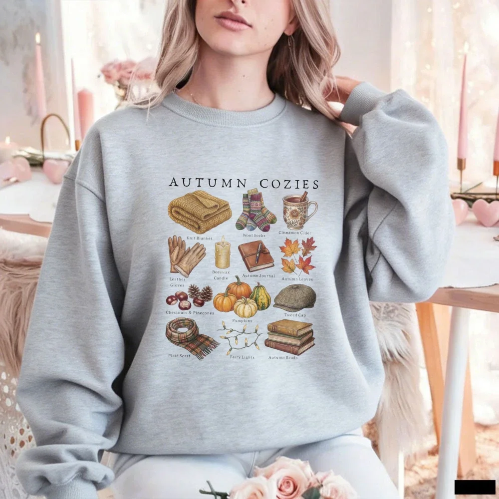 Autumn Cozies Graphic Printed Crewneck Sweatshirt Watercolor Fall Essentials Knit Blanket Pumpkin Scarf Book Pullover for Women