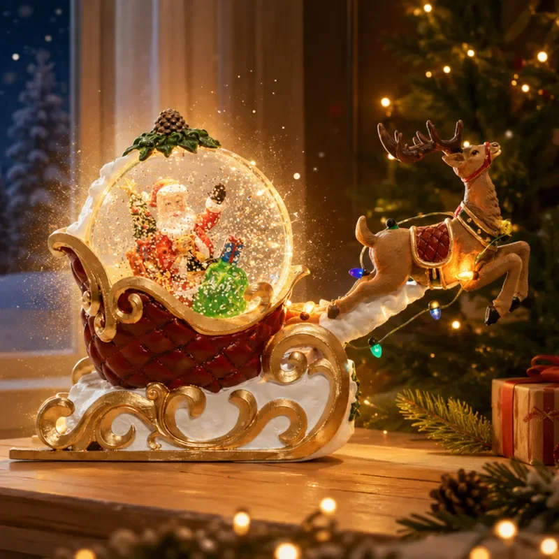 Rotating Crystal Snow Globe with LED Light and Music Box Elk Resin Figurine Christmas Eve Decoration Gift for Kids Home