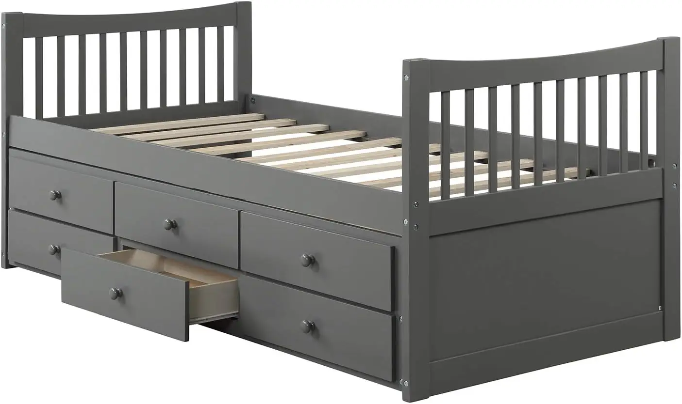 Twin Captain’S Bed Storage Daybed With Trundle And Drawers For Kids Guests (Grey)