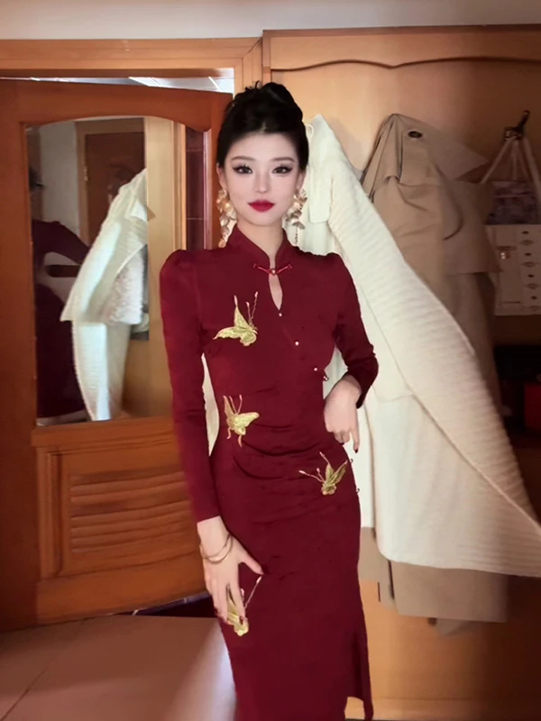 

Slimming Knitted Long Sve Wedding Dr Rehearsal Dinner Ceremony Floral Embroidery Wrap Waist Chinese New Year Celebration