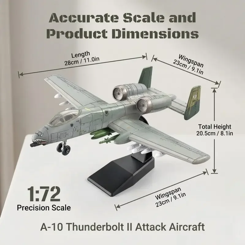 1:72 Scale A-10 Plane Model, Military, with Base, Collectible, Durable Plastic, Adult Collection, Desk Decor, Gift for Aviation Enthusiasts, Model Aircraft