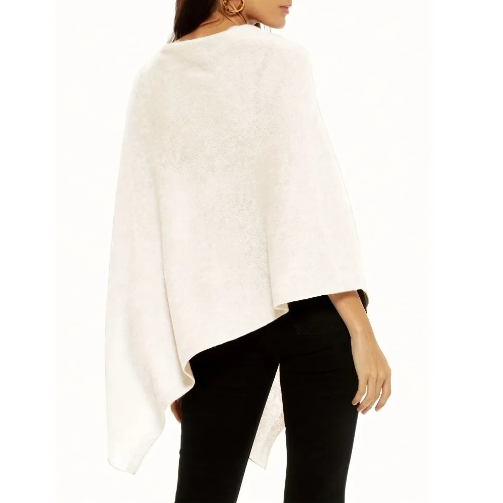 Irregular Hem Knit Poncho Sweater Loose Fit Soft Shawl Pullover Top Solid Color Long Sleeve Casual Knit Tops Casual Daily Wear