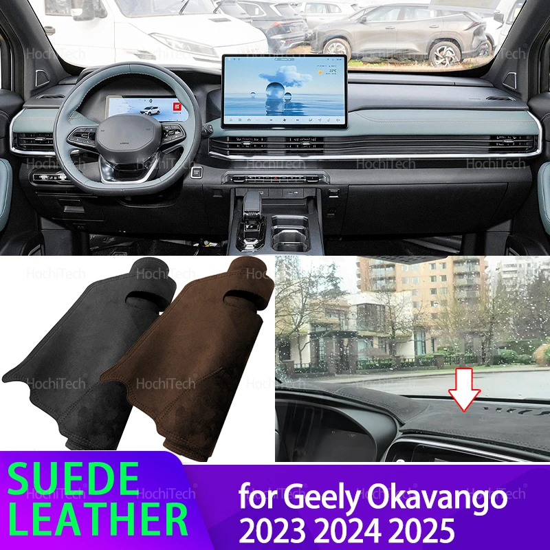 Für Geely Okavango 2023 2024 2025 Auto Innen Schwarz Wildleder Leder Dashboard Abdeckung Dash Matte Teppich Cape Kissen Dashmat pad