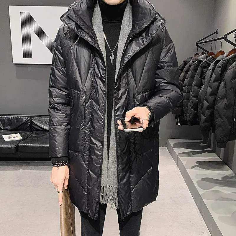 Casual 2024 Winter Men\'s Mid-Long Hooded Duck Down Jacket Outwear Solid Loose Warm Puffer Coat Windproof Top Down-Filled Garment