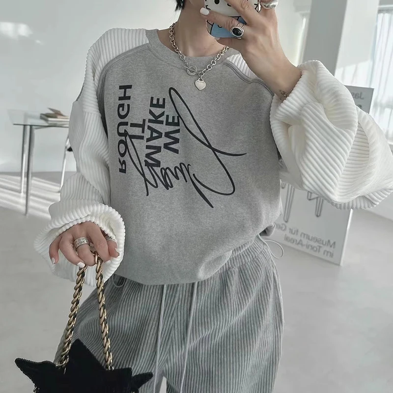 

Chic Long Sve Letter Print Design Sweatirt And Texture Pants Set Personali Autumn Winter Faion Women's Ensemble