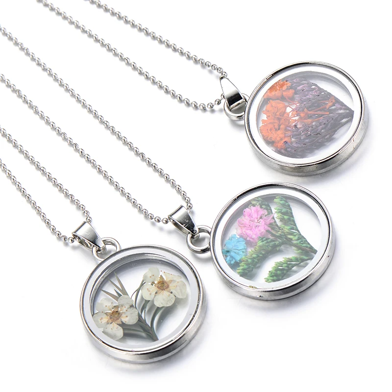 1Pcs Round Metal Frame Acrylic Preserved Fresh Hibiscus Flower Charms Dried Petal Resin Plant Pendant Alloy Chain Necklace
