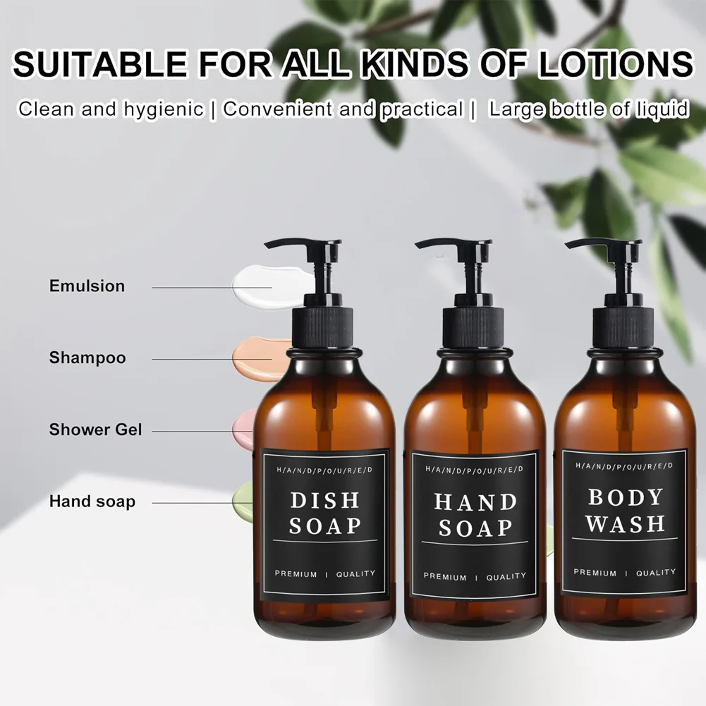 3 PCS/Set Bathroom Shampoo Dispenser 500ML Refillable Kitchen Soap Cosmetic Lotion Body Wash Pump Bottle Organizer with 12 Label