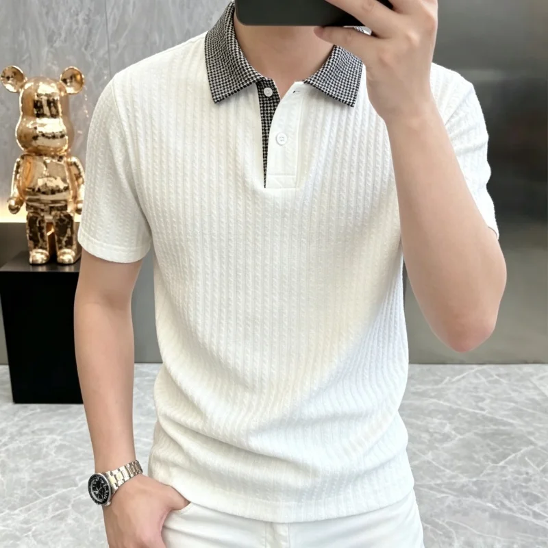 Summer Men's Fashion Casual Knitted Plaid Collar Polo Shirt Short Sleeve