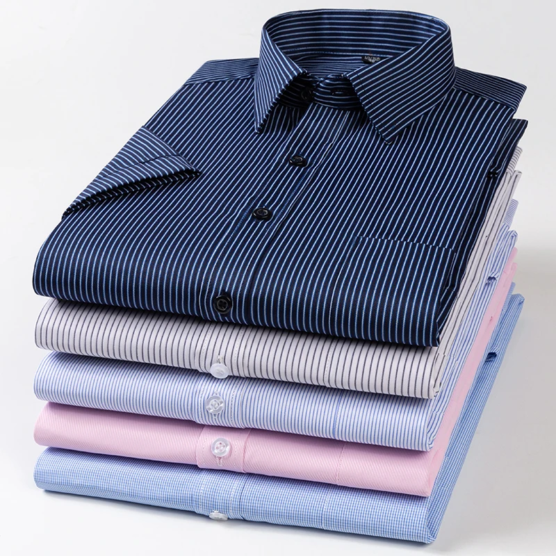 Fashion Summer Print Casual Shirts for Men Short Sleeve Striped Dress Shirt Buiness Thin Solid Office Regular Fit Soft Chemise