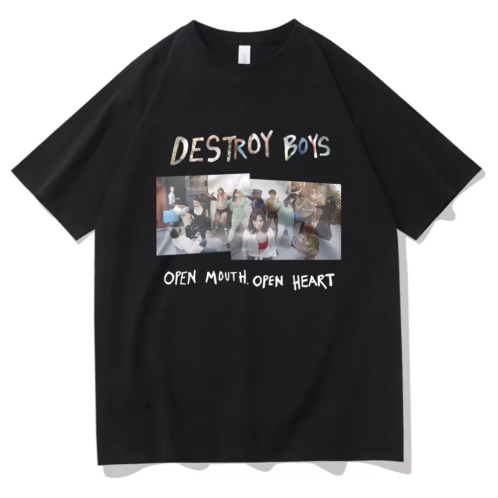 Camisetas Gráficas do Álbum Destroy Boys Open Mouth Open Heart para Homens e Mulheres, T-Shirts de Algodão Casuais Oversized de Manga Curta