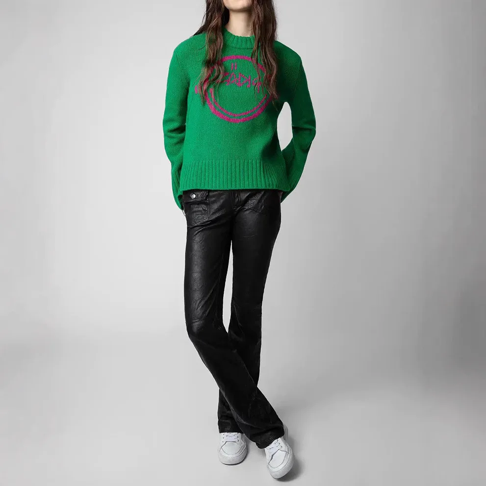 الخريف والشتاء جديد الفرنسية المتخصصة وجه مبتسم رسالة معلقة الصوف الأخضر 100% الصوف محبوك سترة المرأة سترة