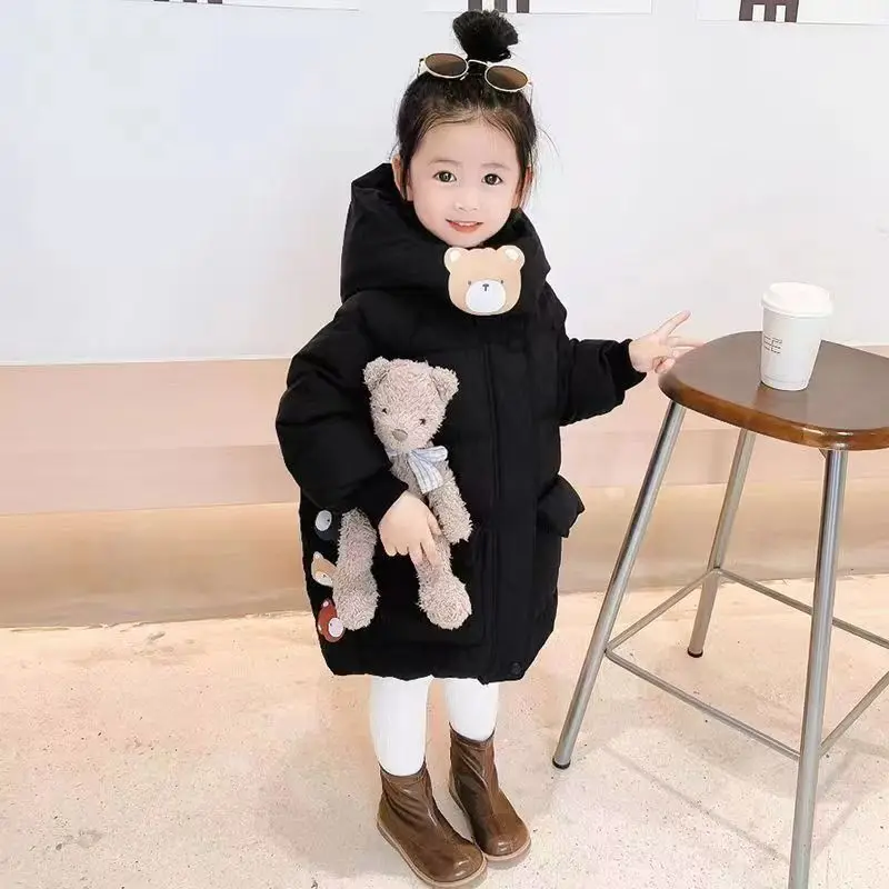 3-8Y Girls Jacket 2024 Winter Long Cartoon Bear Pattern Lining Plush Thicken Warm Outwear For Girls Down Cotton Hooded Overcoat