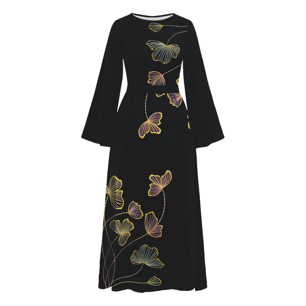 Muslim Female Black Abaya women Long Flare Sleeve Dubai Turkey Caftan Floral Print Islam Dresses Casual O Neck Robe With Belt