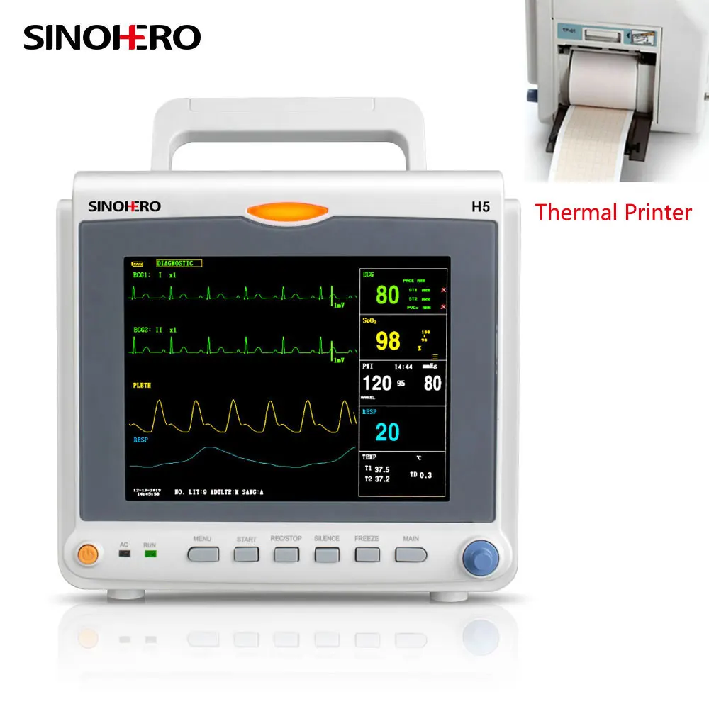 SINOHERO H5 Protable Patient Monitor with Printer 8'' Color LCD Display Multi-parameters SpO2 PR NIBP ECG Vital Sign Monitor