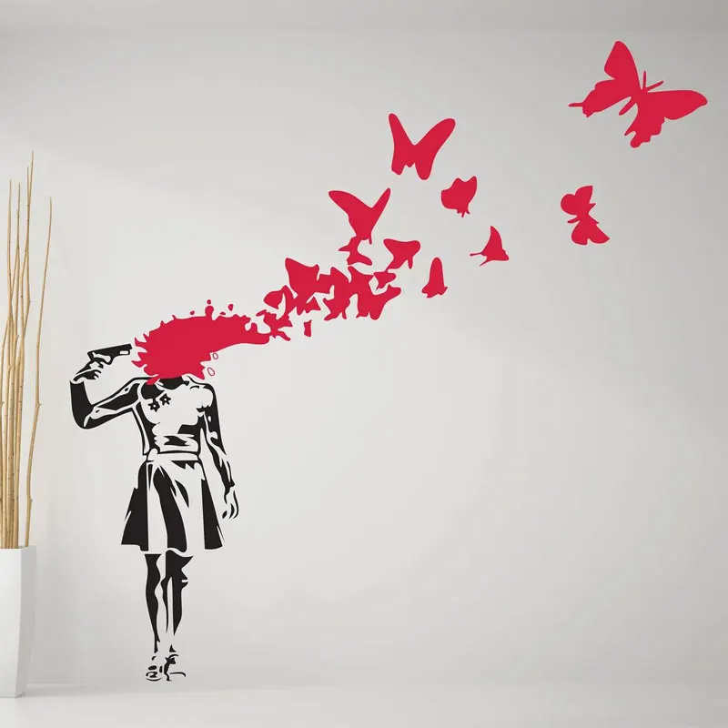 Banksy Girl with Butterfly Wall Decal Vinyl Home Decor Bedroom Street Art Graffiti for Wall Sticker Teen Room Love Murals Q128
