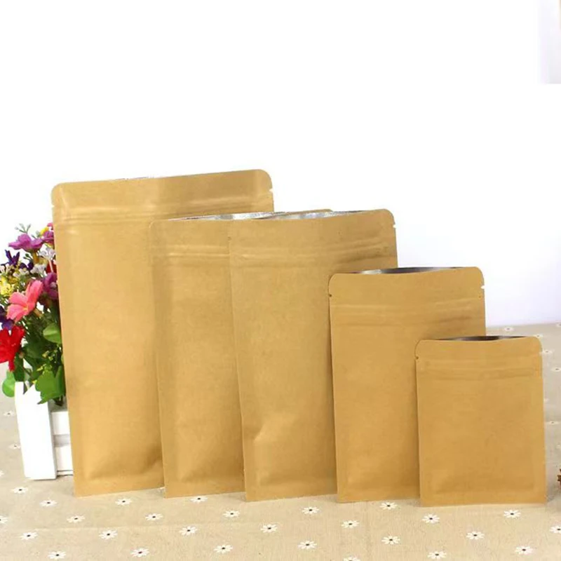 100Pcs Thick Flat Brown Kraft Paper Zip Lock Storage Pouches Nut Grain Spice Powder Capsule Gift Coffee Food Sanck Packaging Bag