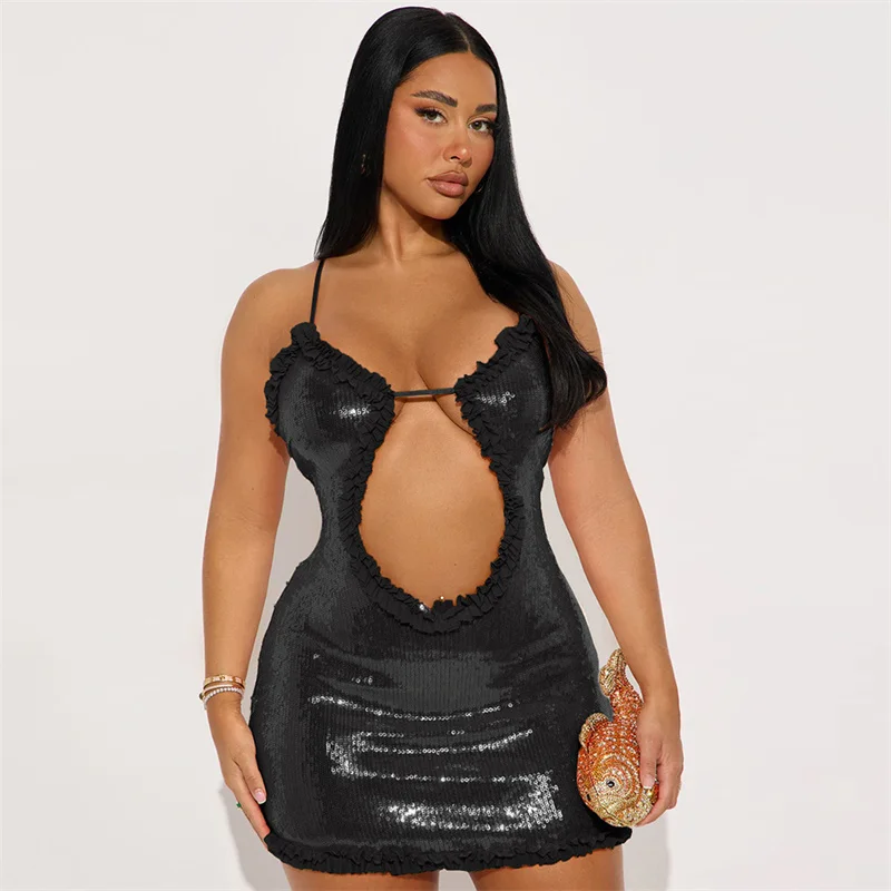 مثير قطع Bodycon المرأة البسيطة الترتر فستان الحفلات 2025 الصيف السباغيتي حزام الصالحة للأكل شجرة الفطريات بريق سليم فستان النادي الليلي