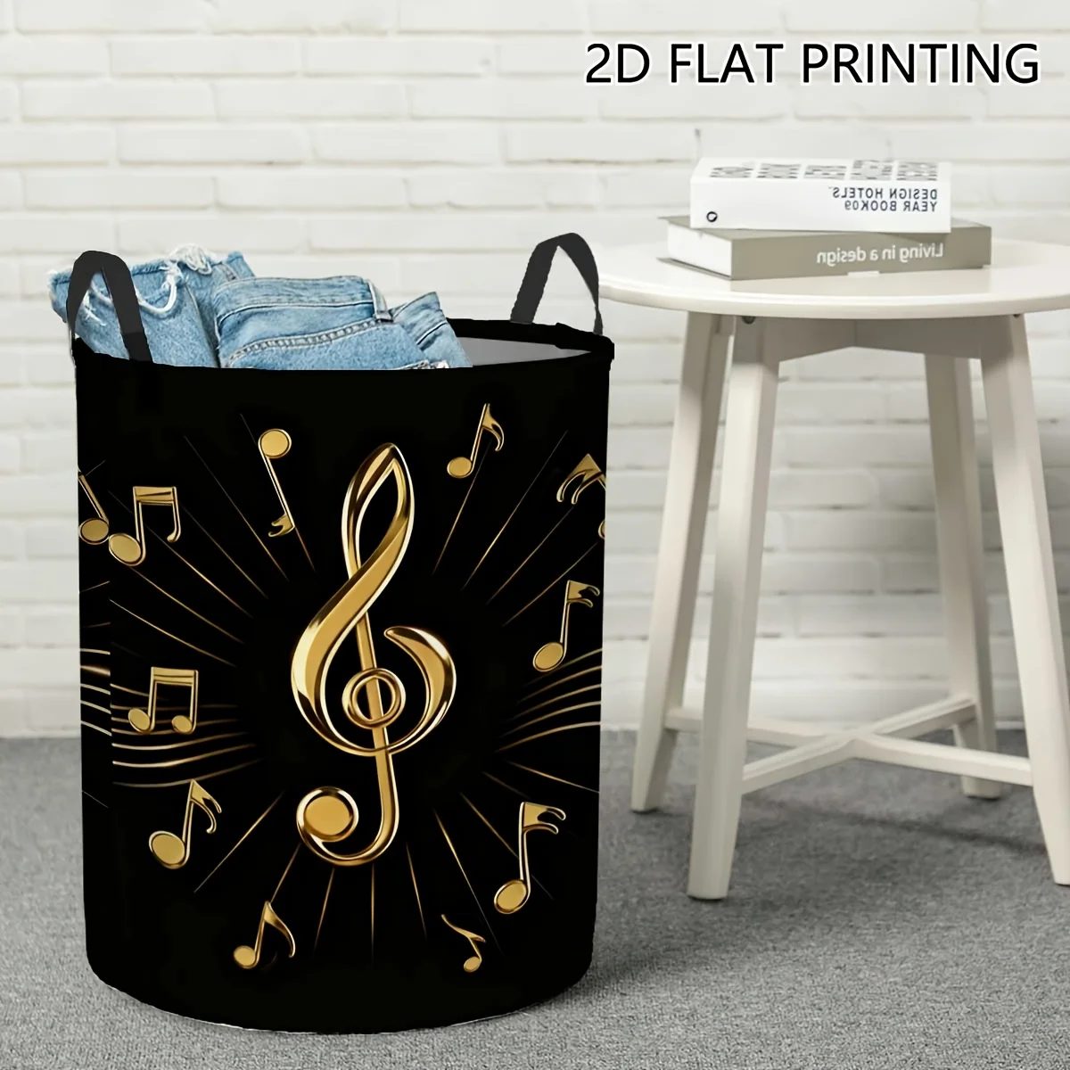 1pc Circular Laundry Hamper Golden Music Notes Spreading Design Ample Laundry Container Foldable for Convenient Storage
