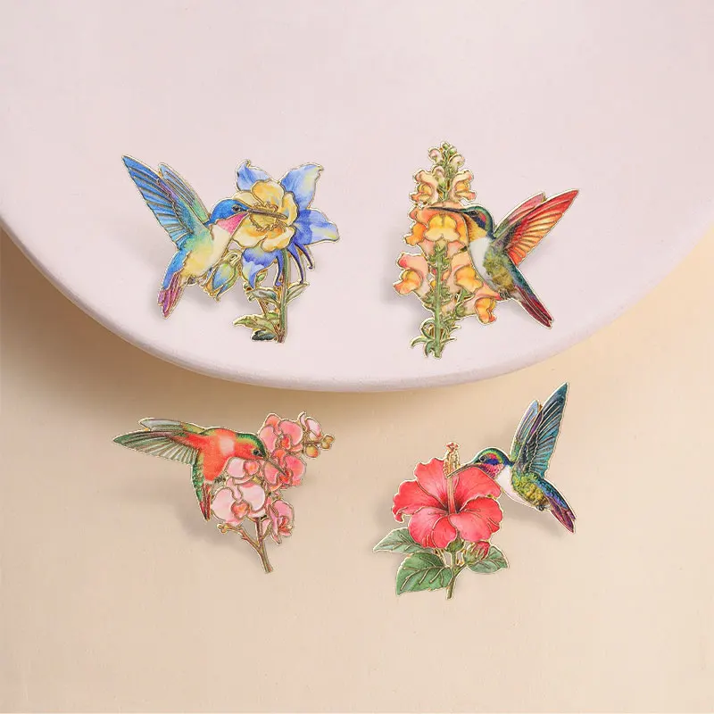 Cute Hummingbird with Blue Columbine Enamel Pin Watercolor Illustration Style for Nature Lovers Vintage Outfit and Gift