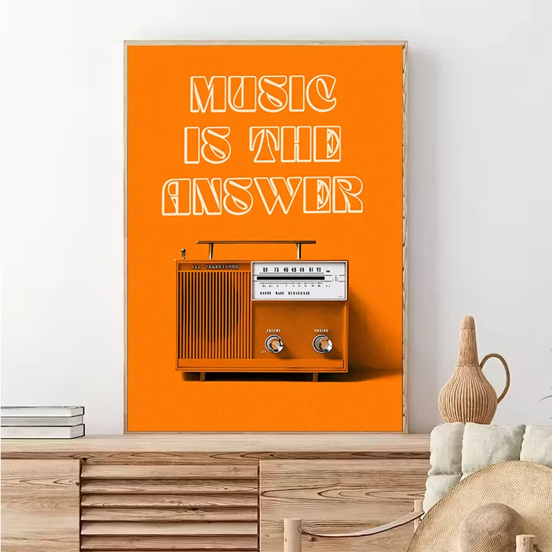 Vintage Radio Wall Art Frameless Canvas Painting Retro Music  for Living Room Bedroom Study Decor Orange Background Audio Device