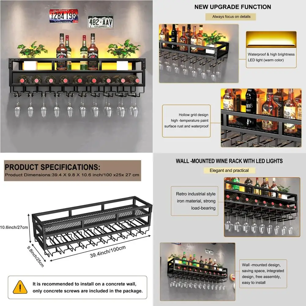 

Metal Wall-Mounted Wine Rack with Glass Holder and Floating Shelves for Bottle Storage