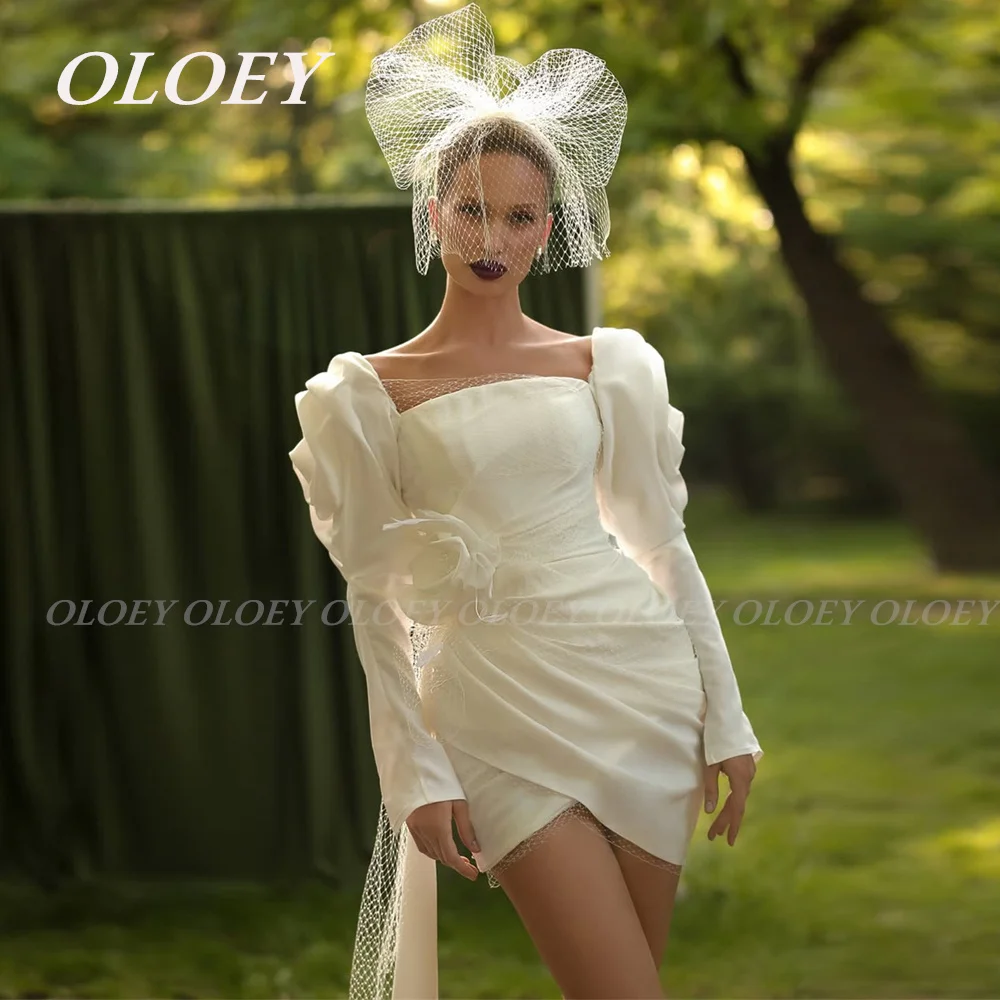 

OLOEY Modern Square Collar Short Wedding Dress Long Puff Sleeves Mini Bridal Gown Photos Shoot Customized Zip Back