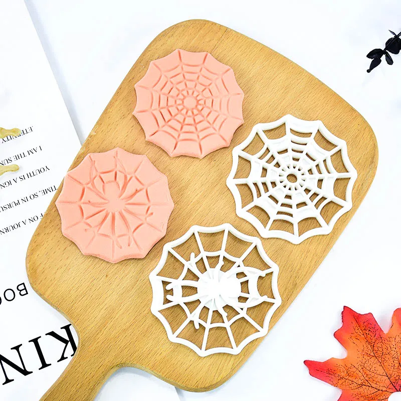 Halloween Spider Web 3D Cookie Cutters Cartoon Spider Pressable Biscuit Stamp Chocolate Plastic Mold Cake Baking Decoration Tool