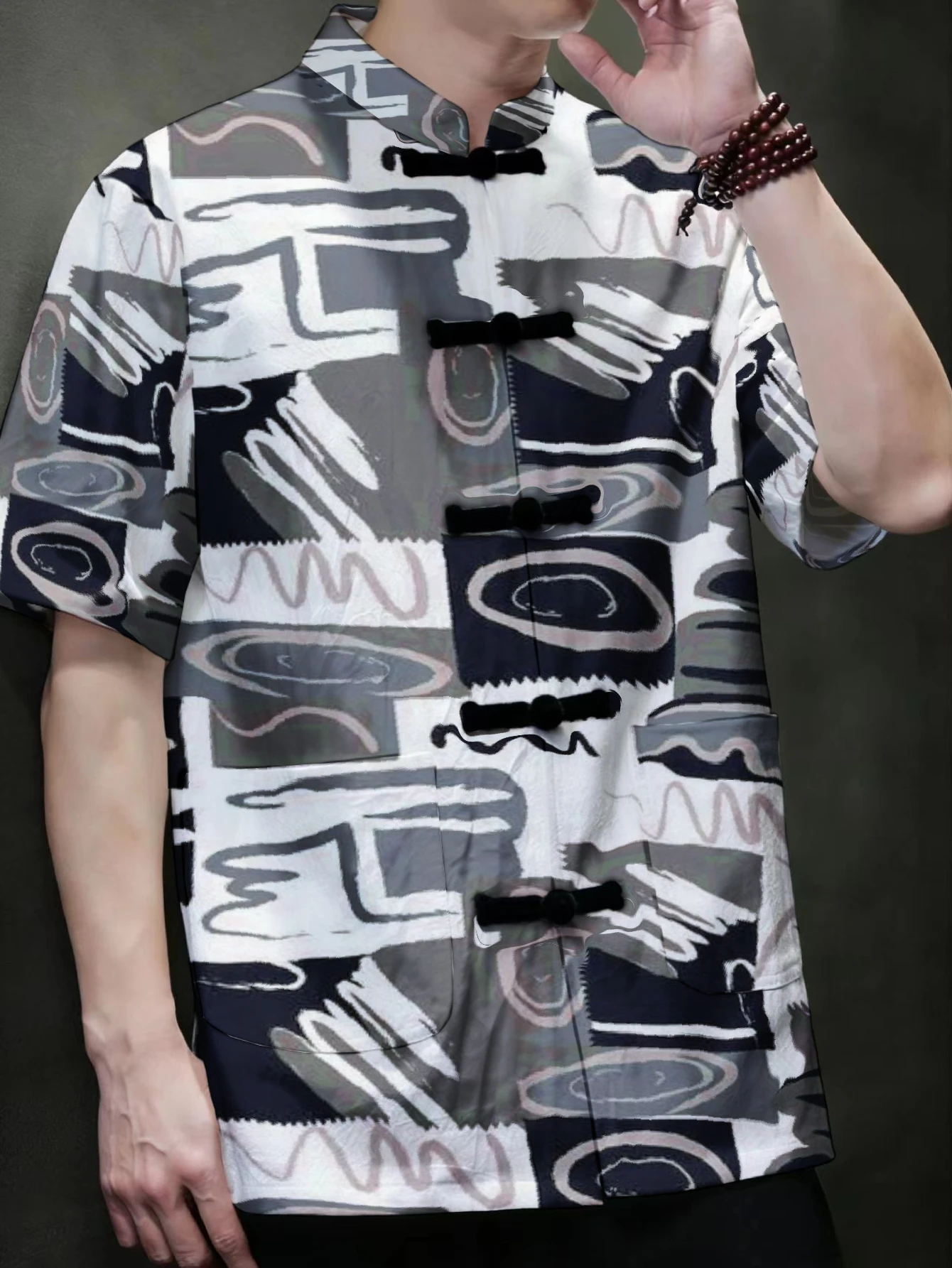 Men Mandarin Collar Frog Button Short Sleeve Shirt Modern Abstract Geometric Art Print Oriental Casual Top With Side Pockets