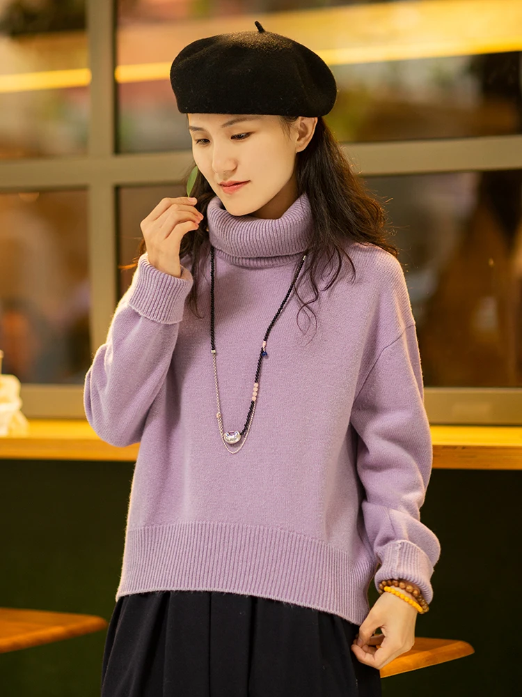 

Утепленный шерстяной свитер свободного кроя с высоким воротником, цвет фиолетово-розовый C567, женская вязаная одежда Ci Forgetful для осени и зимы