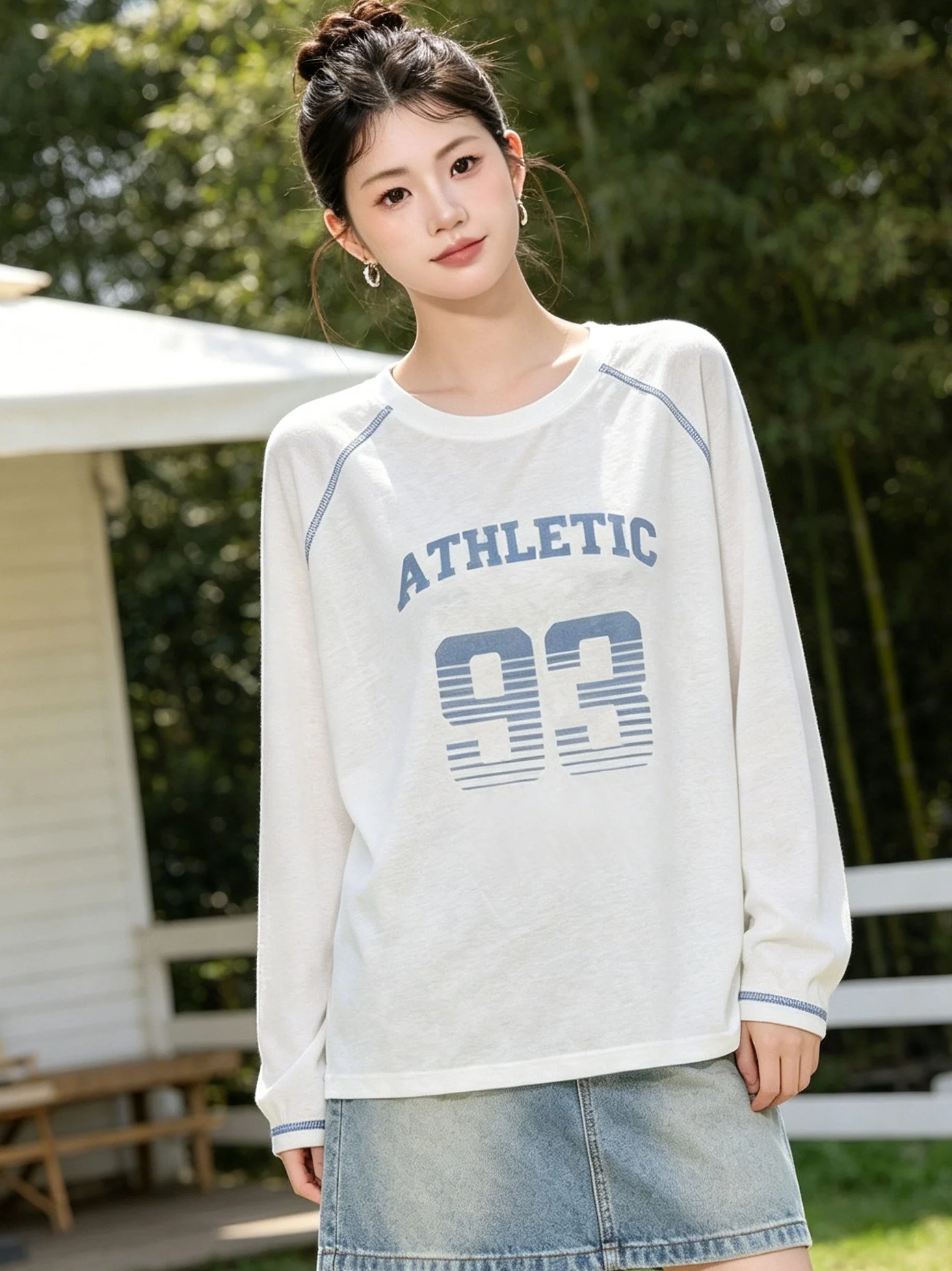 Loose Fit Korean Style Women's T-shirt round Neck Long Sleeve Digital Print Casual Top for Summer Slimming Effect White