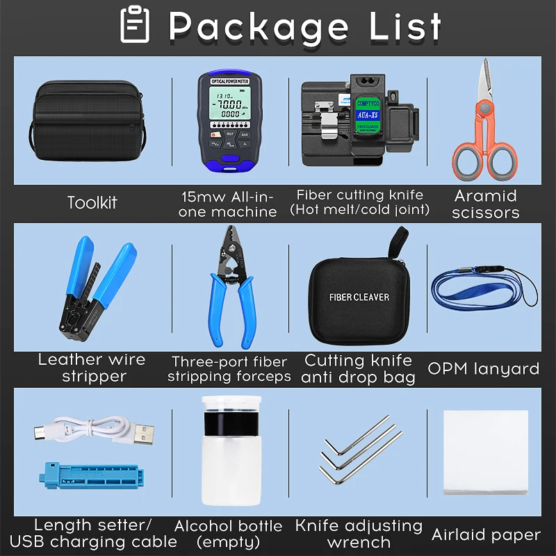 FTTH Fiber Optic Tool Kit AUA-X5 Fiber Cleaver Rechargeable AUA-D70 4 in 1 Optical Power Meter with 15mw Visual Fault Locator
