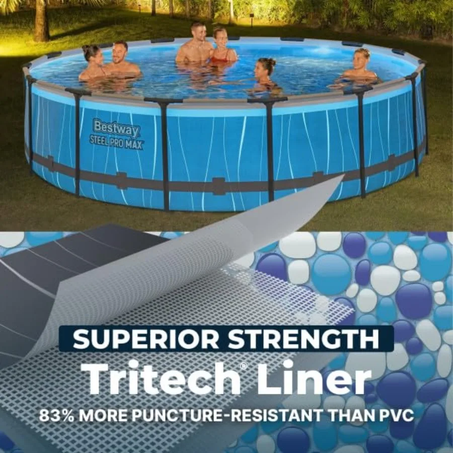 15' x 42" Above Ground Pool, Round Metal Frame Outdoor Swimming Pool Set with LED Light, Filter Pump, Ladder, & Cover, Dark Gray - view 5
