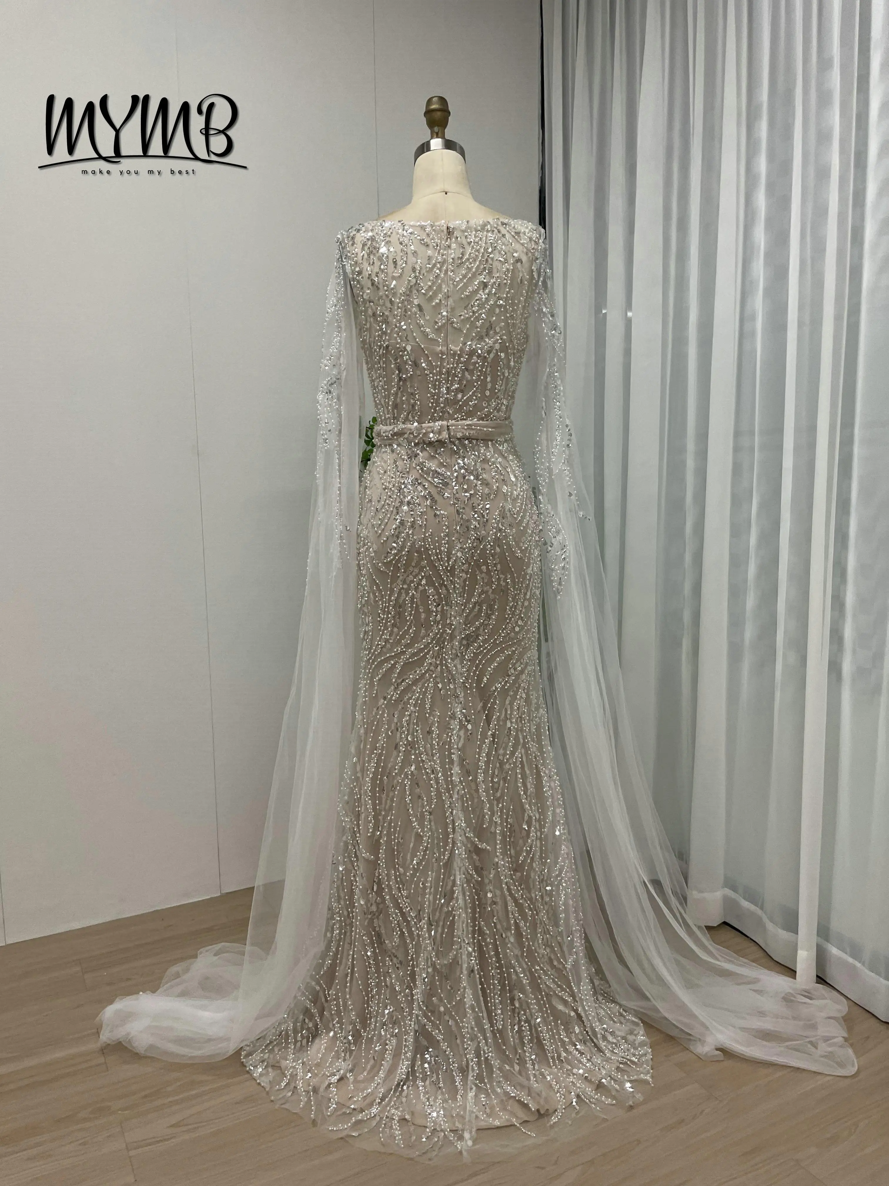 MYMB Abiti da sera con paillettes in rilievo e maniche lunghe a mantella di lusso Abiti da ballo per la madre della sposa per donne eleganti Taglie forti MY30024