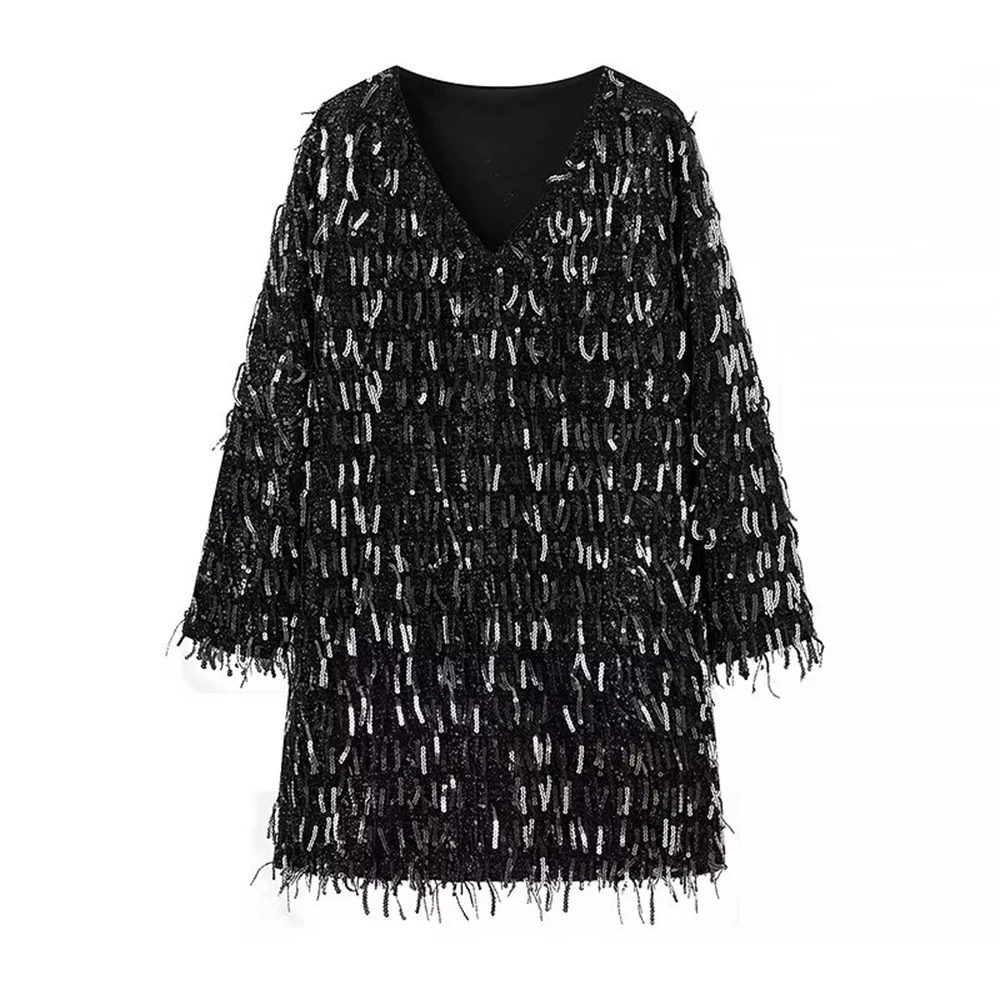 PB&ZA 2024 Women\'s Summer New Fashion Tassel Sequin Hemp Bag Decoration Mini Neck Long sleeved Dress