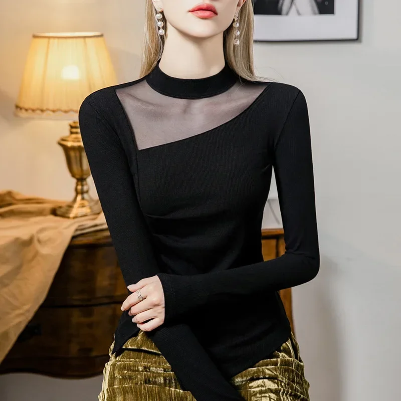 Camiseta de manga larga para mujer, ropa de calle, fiesta, Club, pliegues # 4262 Camiseta Irregular negra para mujer, Camiseta corta de malla con articulación dividida para mujer